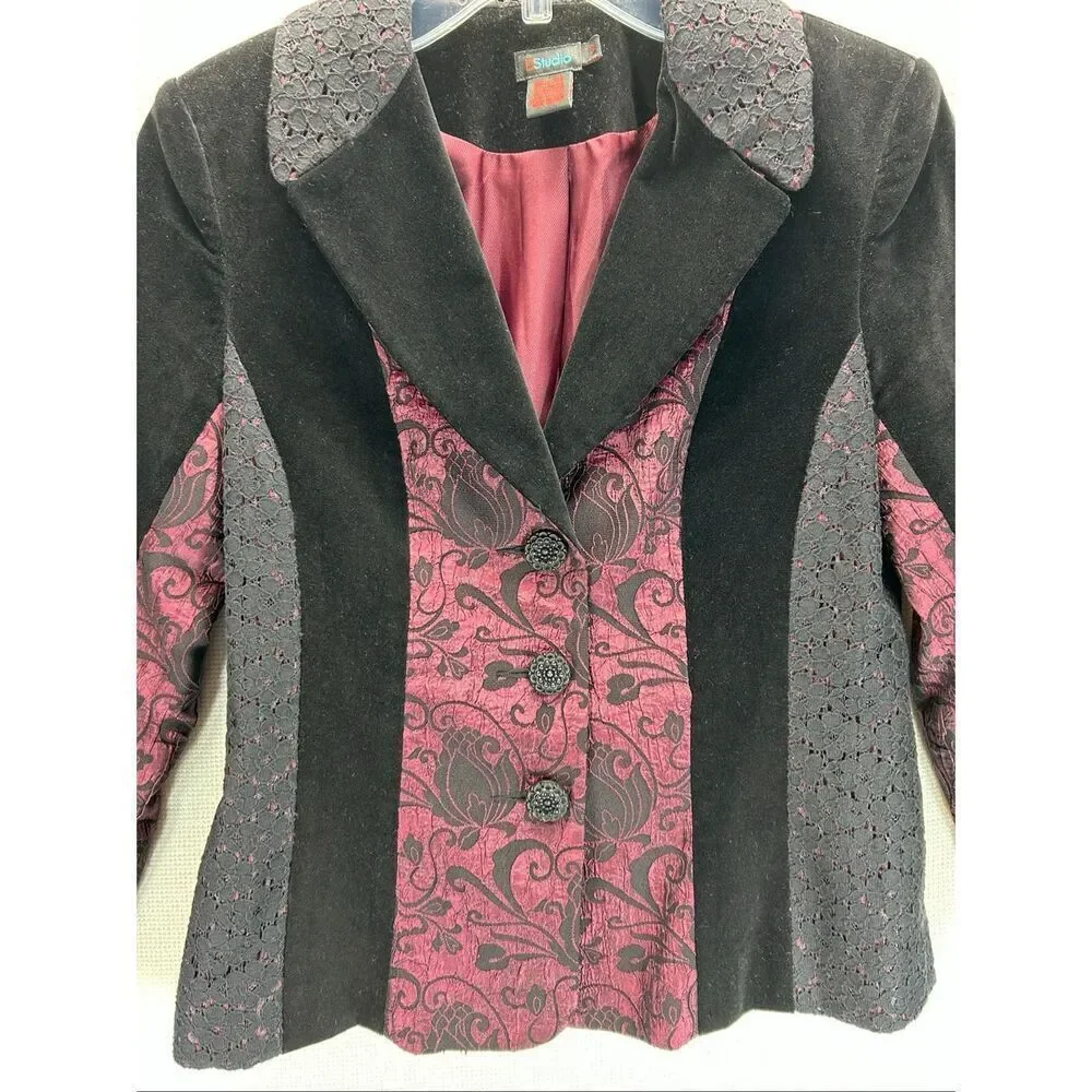 D studio Gothic Velvet Blazer Size 8 Black & Burgundy Y2K Victorian Jacket - Picture 11 of 15